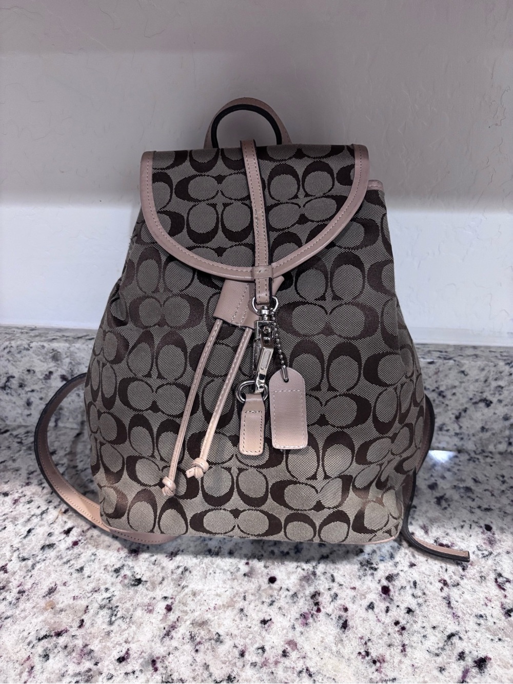 Coach Taupe Signature Canvas Backpack with Pale Pink Trim